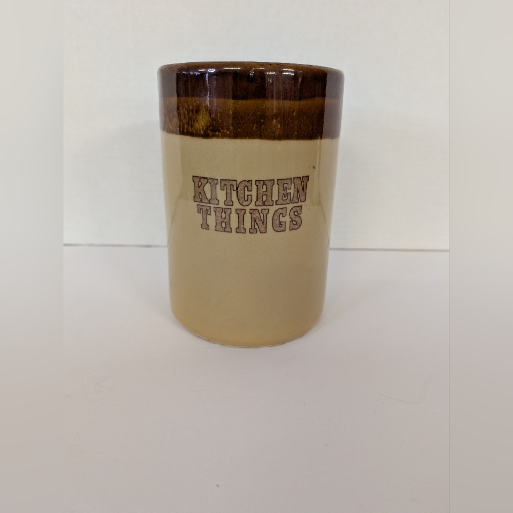 Vintage Stoneware Kitchen Utensils Holder From 1970 In Cream and Brown